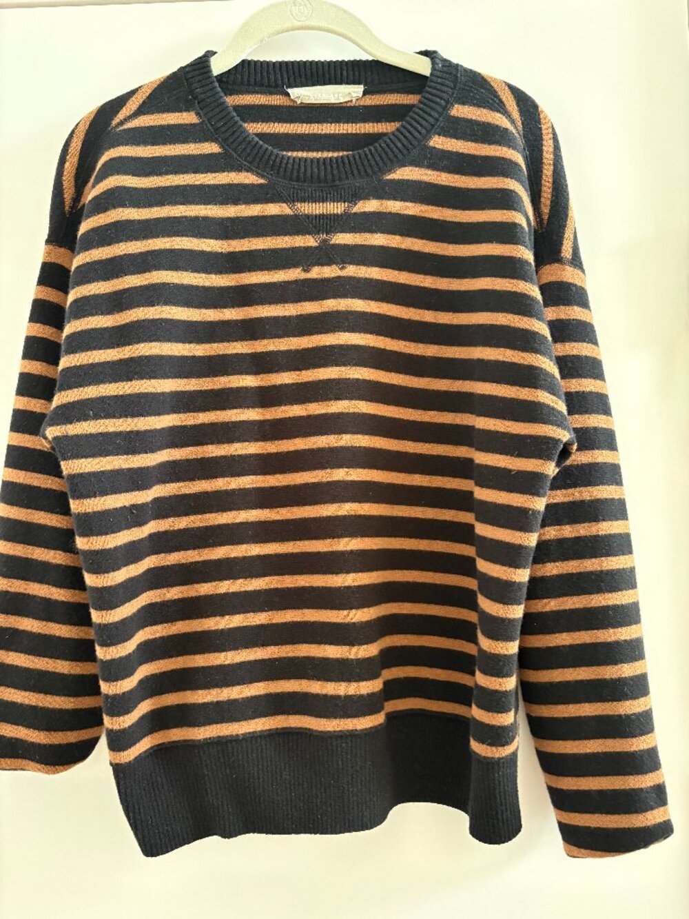 Everlane Felted Merino Wool Striped Crewneck Sweater Black Camel Pullover EUC, M